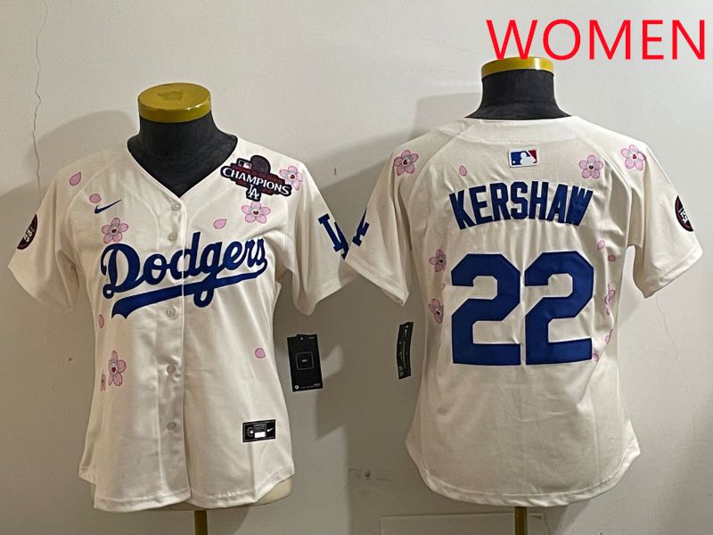 Women Los Angeles Dodgers #22 Kershaw Cream Sakura Edition 2025 Nike MLB Jersey style 6->women mlb jersey->Women Jersey